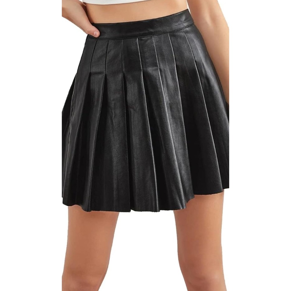 Story On Black Faux Leather Pleated Mini Skirt Women‎ High Waisted Flare (12)